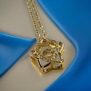 Gold 1.5 ct Zircon Star and Heart with Round Cut Zircon Floater Pendant Necklace